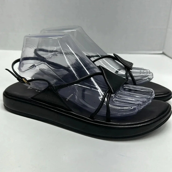 Prada Leather Sandals Flats Open Toe Ankle Strap Strappy Triangle Black Size 38 - Picture 4 of 10